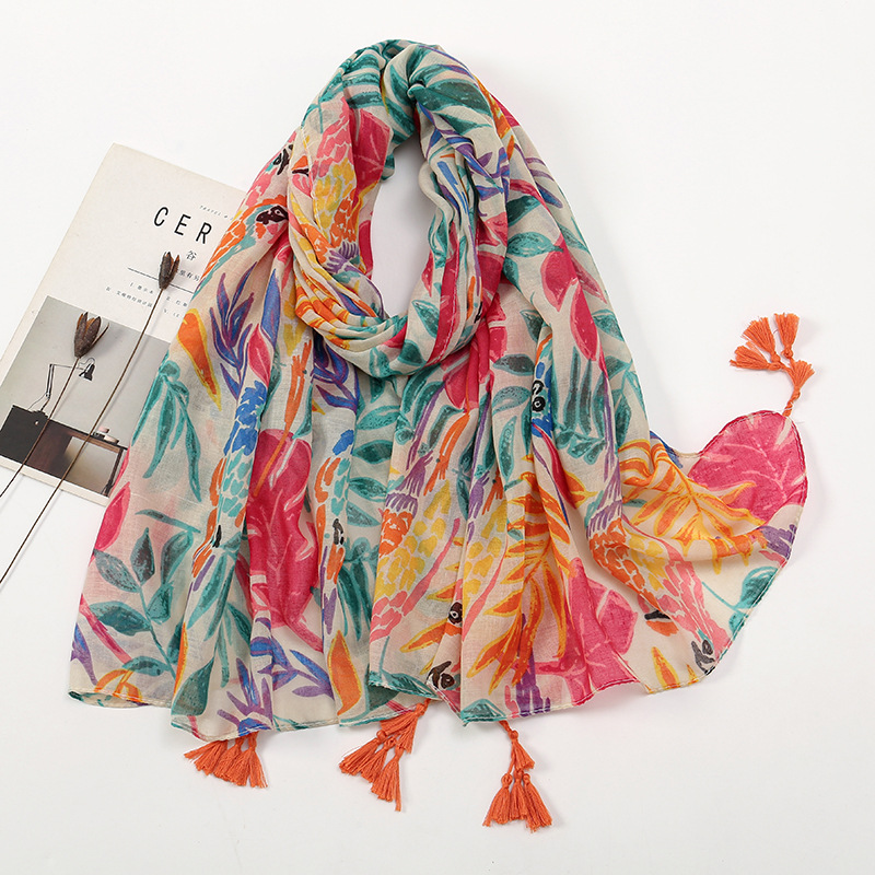 Picture of New Artistic Fresh Cotton and Linen Retro Tassel Scarf Women's Printed Beautiful Silk Scarf Japanese Sunscreen Shawl