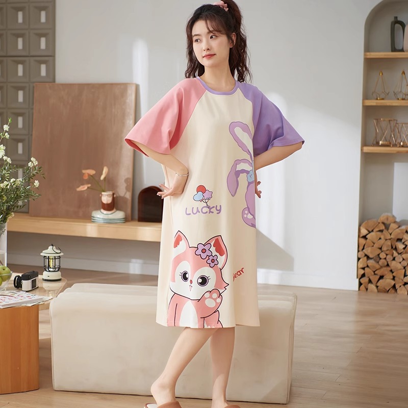 2025 New Girl Pure Cotton Nightgown Summer Thin Pajamas Short-Sleeved Girls Cartoon Short-Sleeved Home Clothes Skirt