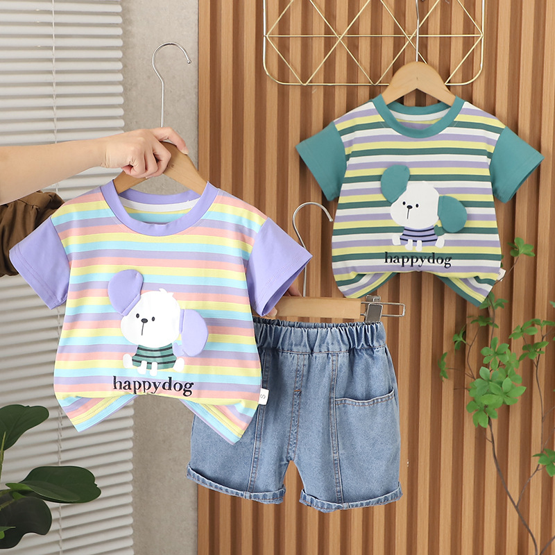 Boys' Summer suit 2025 New Handsome Children's Summer Striped Dog Short-sleeved Boys' Two-piece Fashionable Set