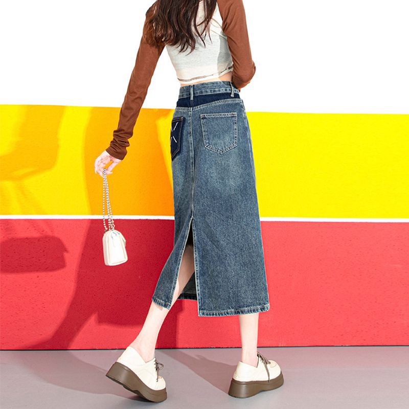 Split Skirt Denim Skirt Skirt Women's Spring and Autumn 2024 New High Waist Slimming Contrast Color Mid-length Hip Skirt