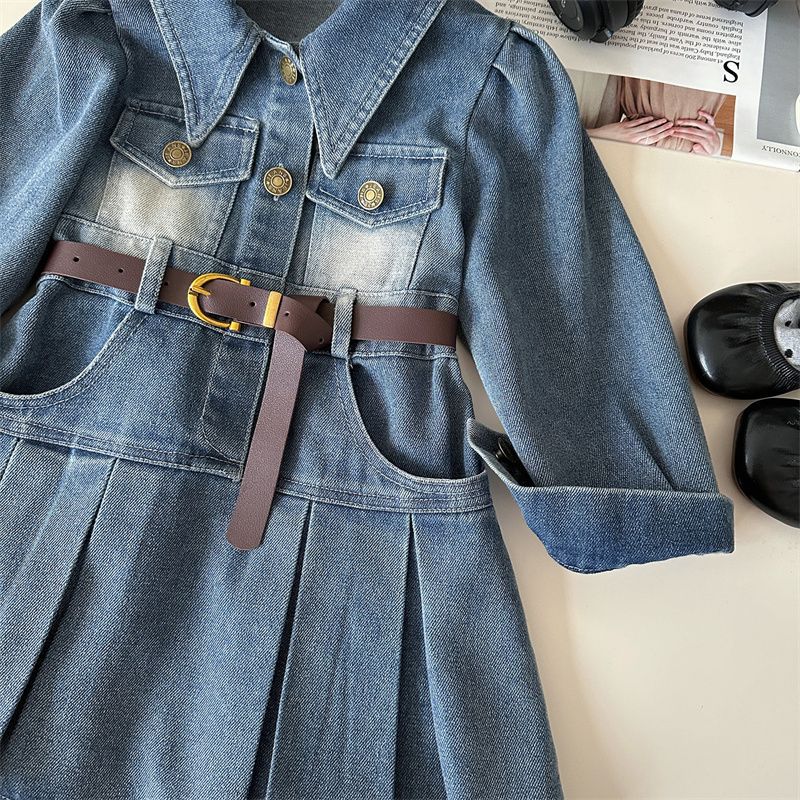 Picture of [Pre-Sale] Korean Style Girls' Denim Skirt, Autumn 2025 New Model, Fashionable Belt Dress for Little Girls, Children's Trendy Clothing