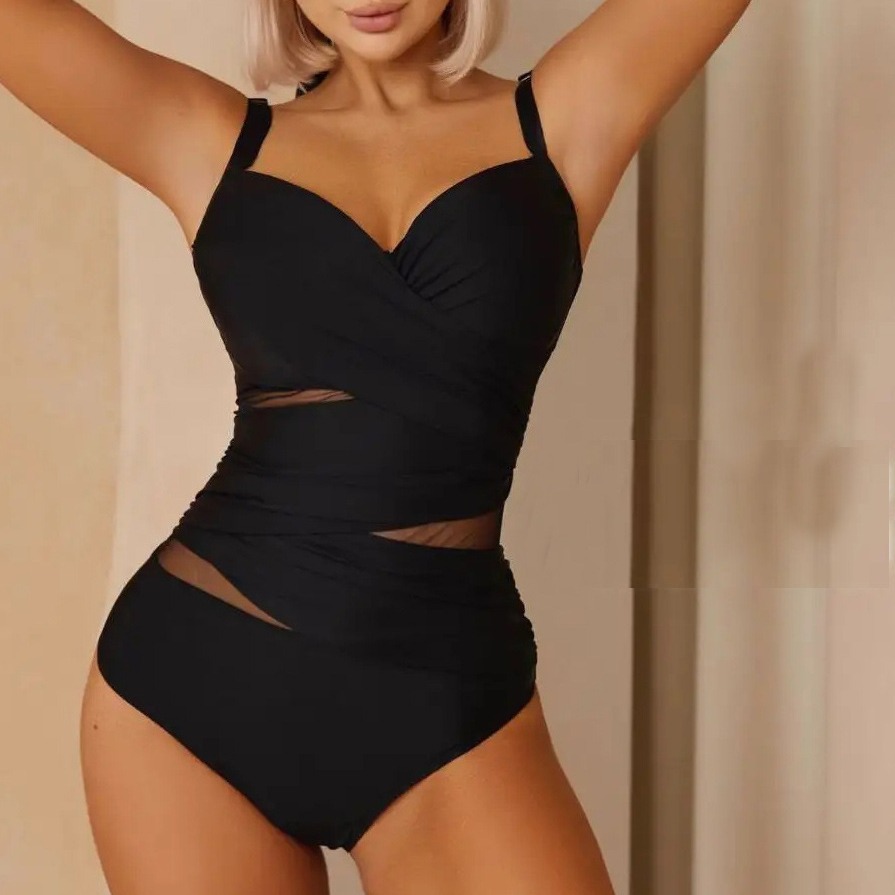 Solid Color Hard Bag Women's Mesh Splicing Backless One-Piece Swimsuit for Women 2025 New Style Russian Amazon Aliexpress
