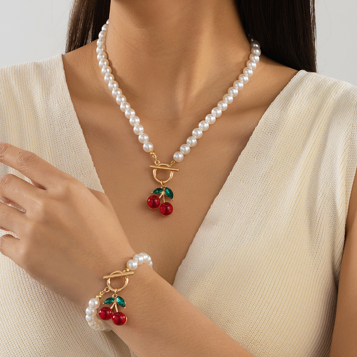 2-Piece Set of Anti-Pearl Cherry Necklaces, Korean Version Exquisite Versatile Artifact, Necklace Bracelet High-End Cute Cross-Border Hot