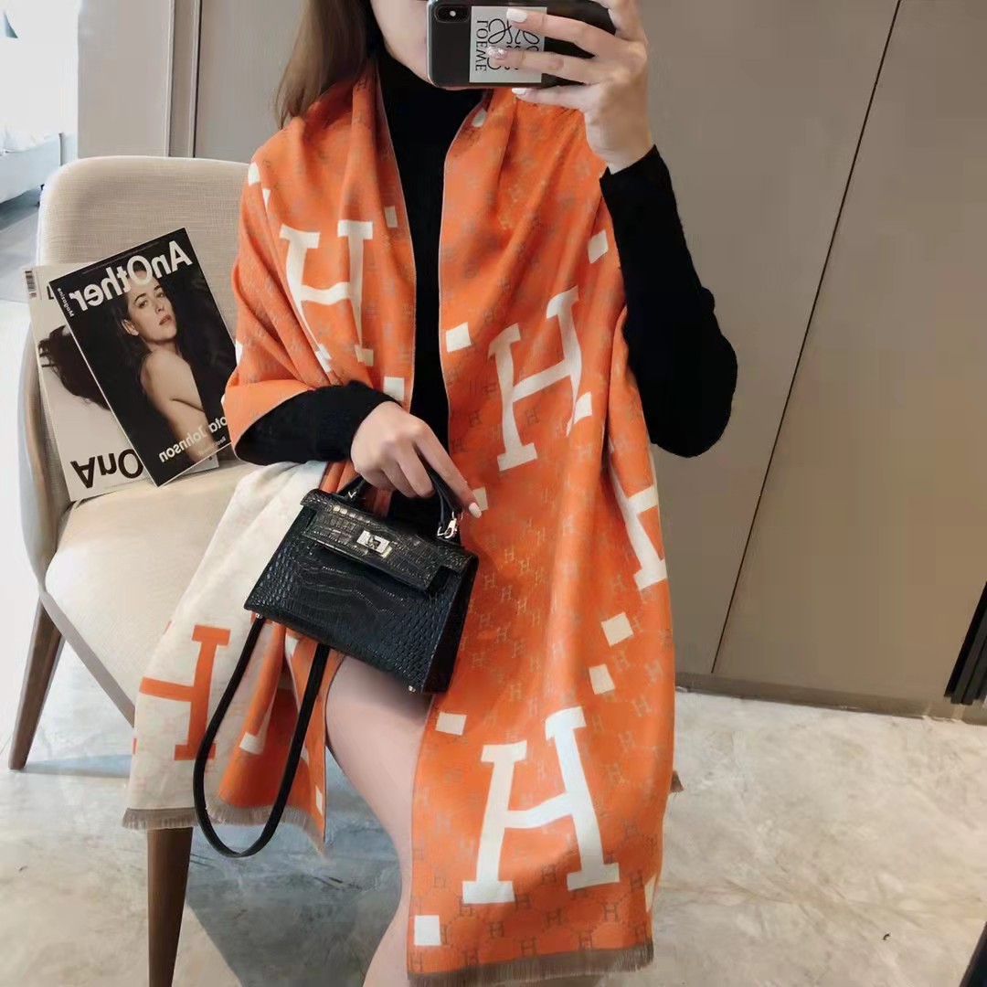 Picture of 2024 New Fashionable Big-Name Versatile Orange High-End Wool Cashmere Shawl Scarf for Women Winter Dual Use