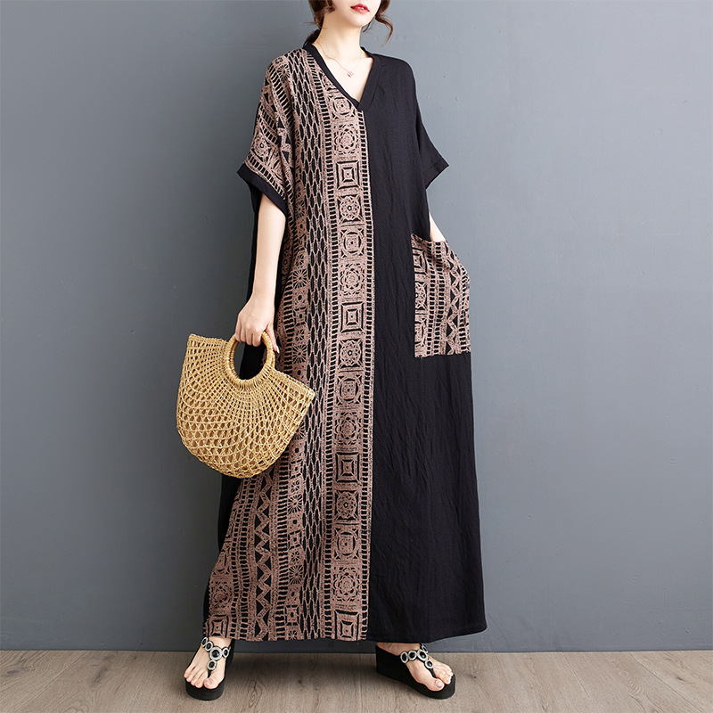 plus size dress Foreign Trade Summer V-Neck Colorblock dress plus size Loose Retro Holiday Style Long Skirt