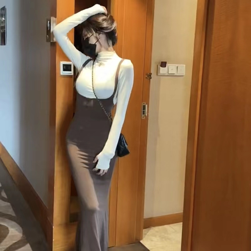 Korean Style Salt Style Elegant suit Women's Sweet and Spicy Autumn and Winter Velvet Warm Strap Fishtail Skirt Tight Base Top