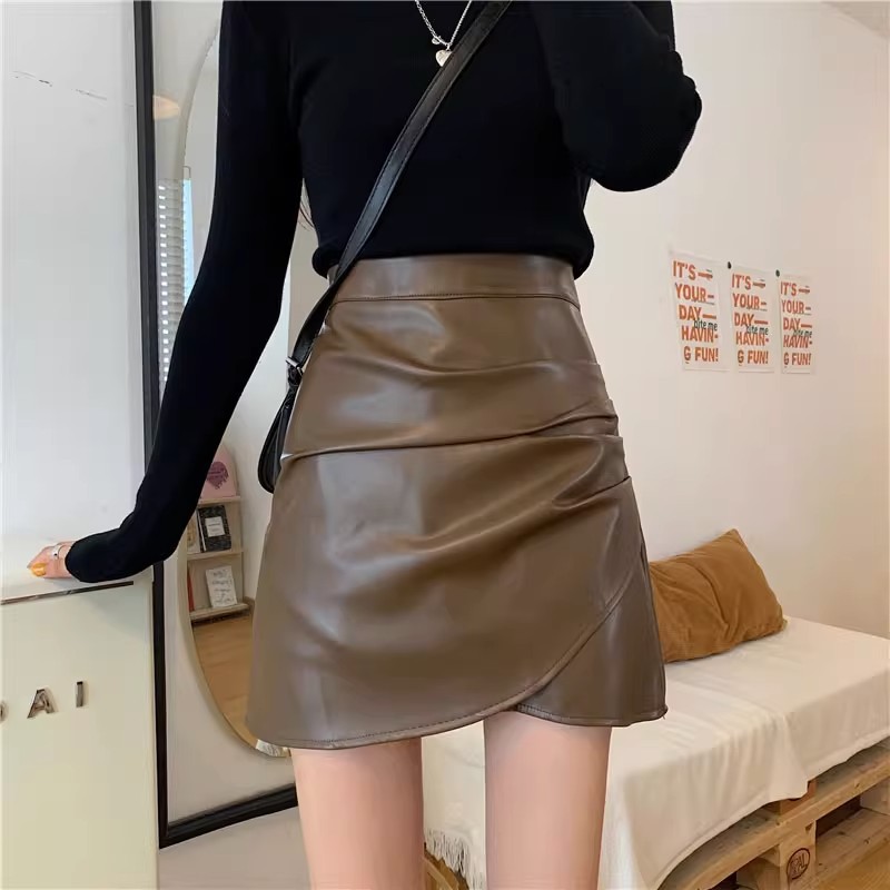 Black small leather skirt for women autumn and winter New High waist anti-exposure skirt plus size pleated irregular A- line short skirt