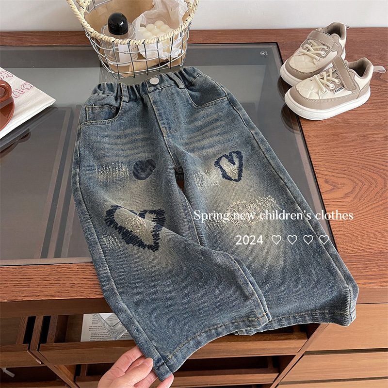 Picture of [Ready Stock] Girls Jeans Spring and Autumn 2025 New Baby Korean Style Straight-Leg Pants Trousers Love Embroidery Fashionable