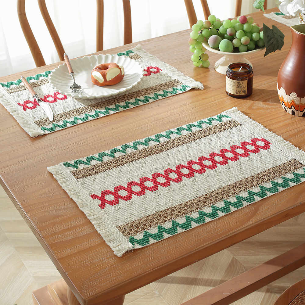 Picture of Amazon new cotton and hemp rope placemat holiday placemat woven color matching striped tassel bowl mat spot wholesale