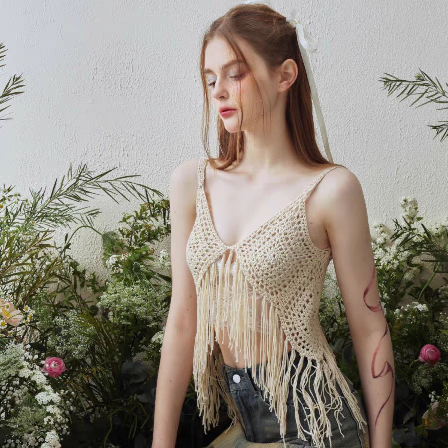 Travel ethnic style women's hollow knit cover-up top, short tassel knit camisole top, summer bohemian top