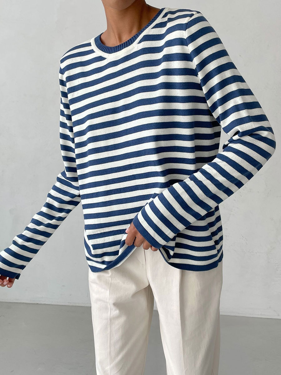 Picture of Cross-Border Round Neck Knitted Striped Sweater European and American 2025 Spring Versatile Classic Retro Striped Pullover Sweater for Women