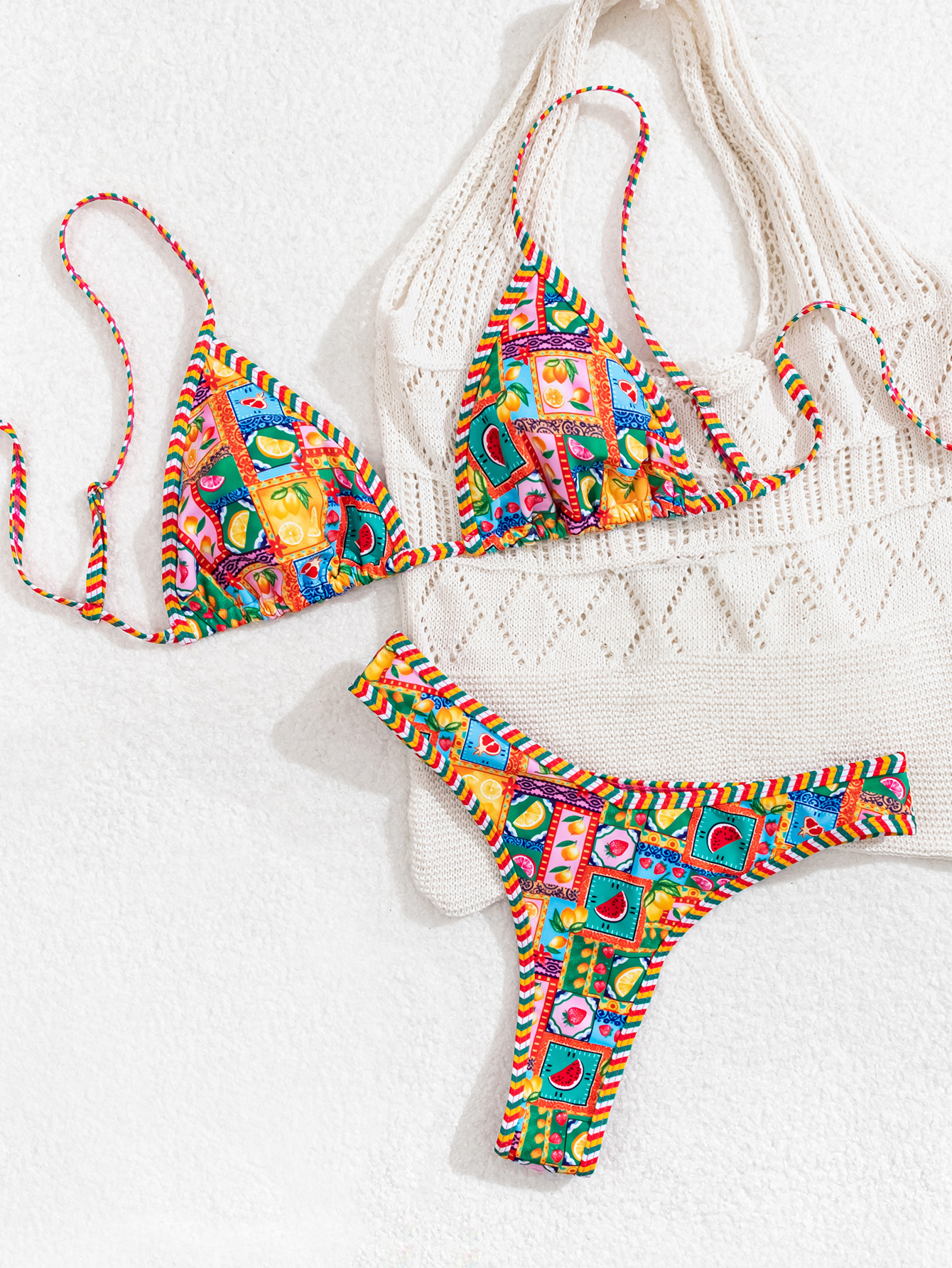 Picture of 2025 New European and American Foreign Trade Bikini Printed Triangle Sexy G-string Split Bikini Swimsuit for Women