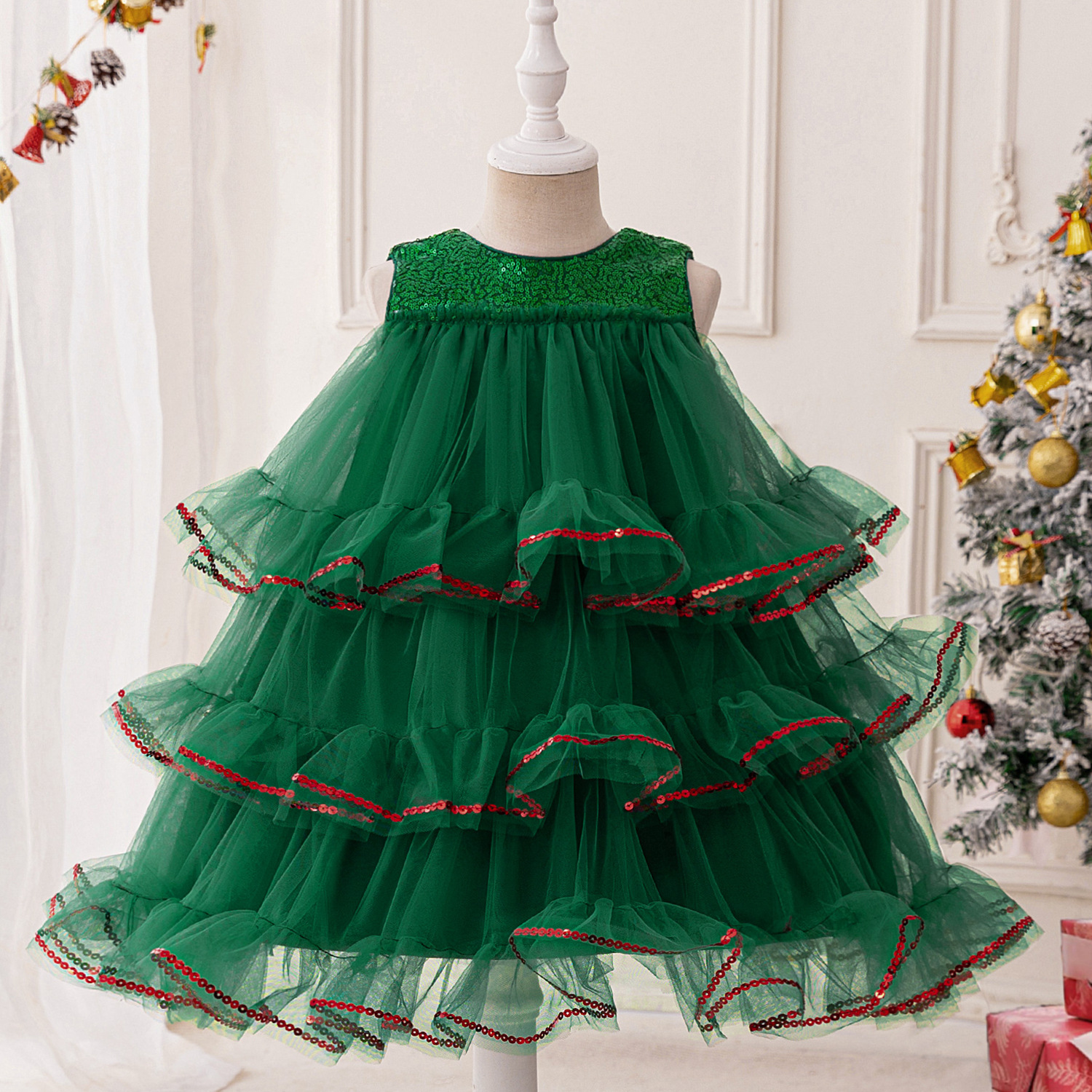Wholesale Christmas Girl Dress European and American Mesh Puff Cake Dress Children's Dress Princess Dress Dinner Party Dress