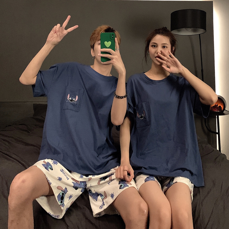 Pure Cotton Couple Pajamas Men's Summer Short-sleeved Women's Home Clothes Cartoon Summer Youth Men's Home Clothes Suit