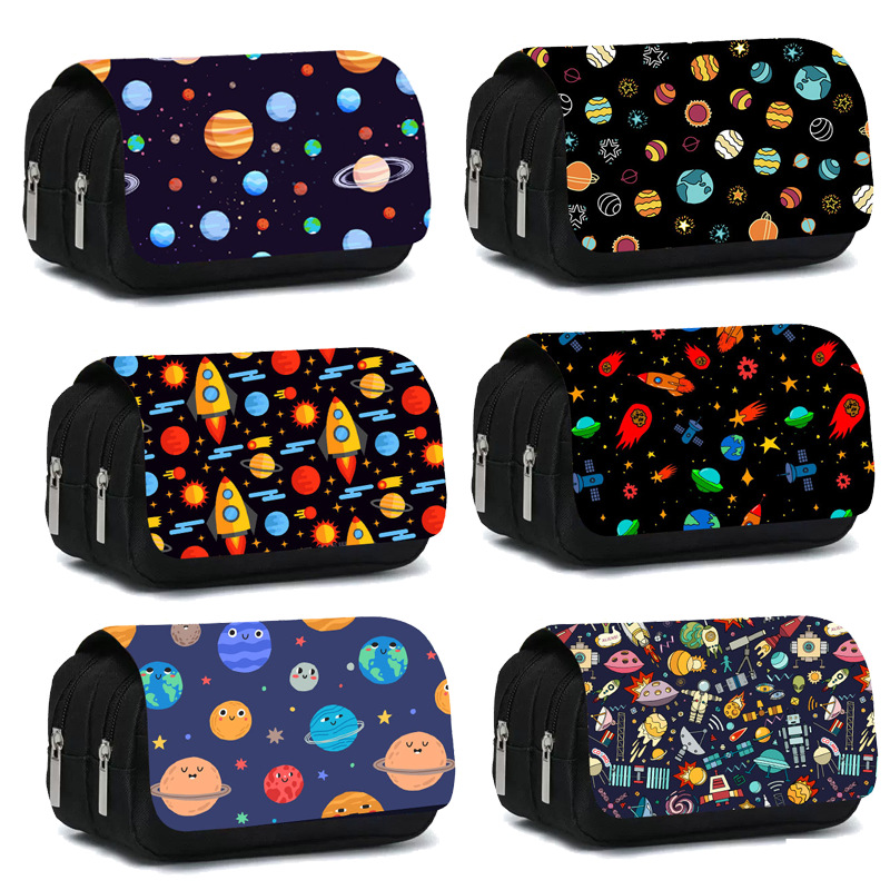 New Astronaut Cartoon Pencil Bag Large Capacity Stationery Box Boy Cool Children Double Layer Printed Zipper Pencil Bag