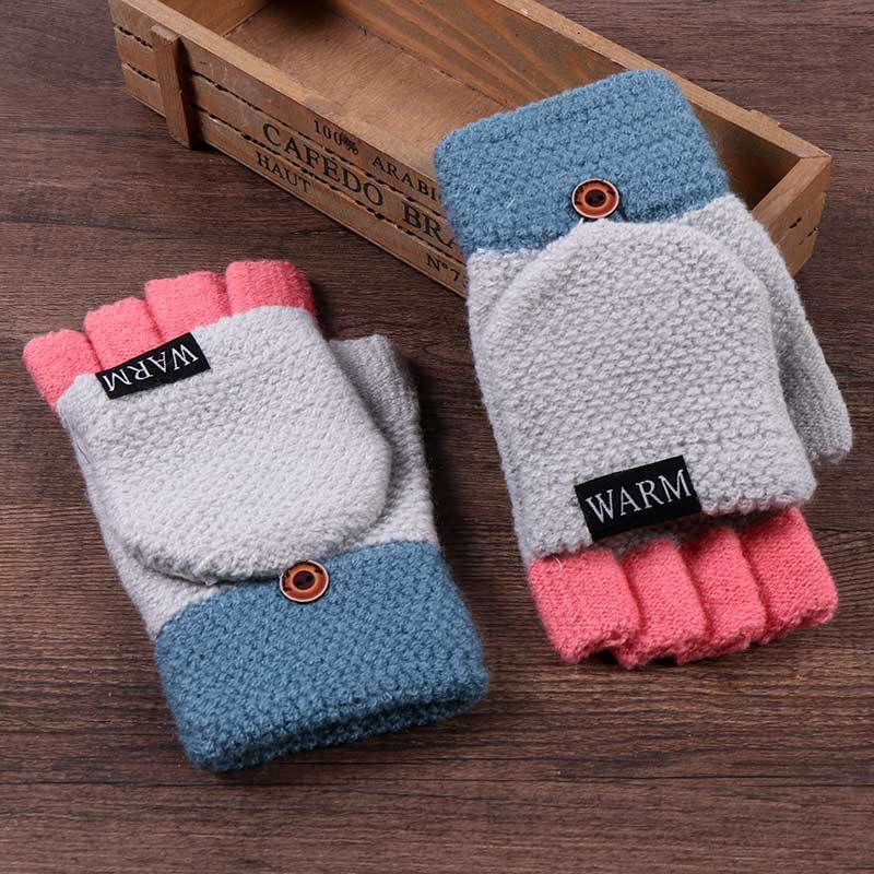 Half-Finger Warm Gloves Thickened Winter Flip Cover Leakage Half-Fingers Male and Female Middle School Students Writing Office Riding