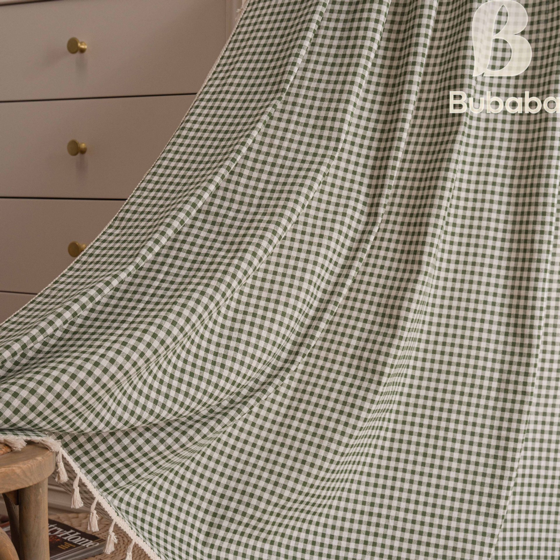 Picture of Flying cat cross-border new curtain plaid printed kitchen curtain beige tassel semi-shading decorative curtain factory wholesale