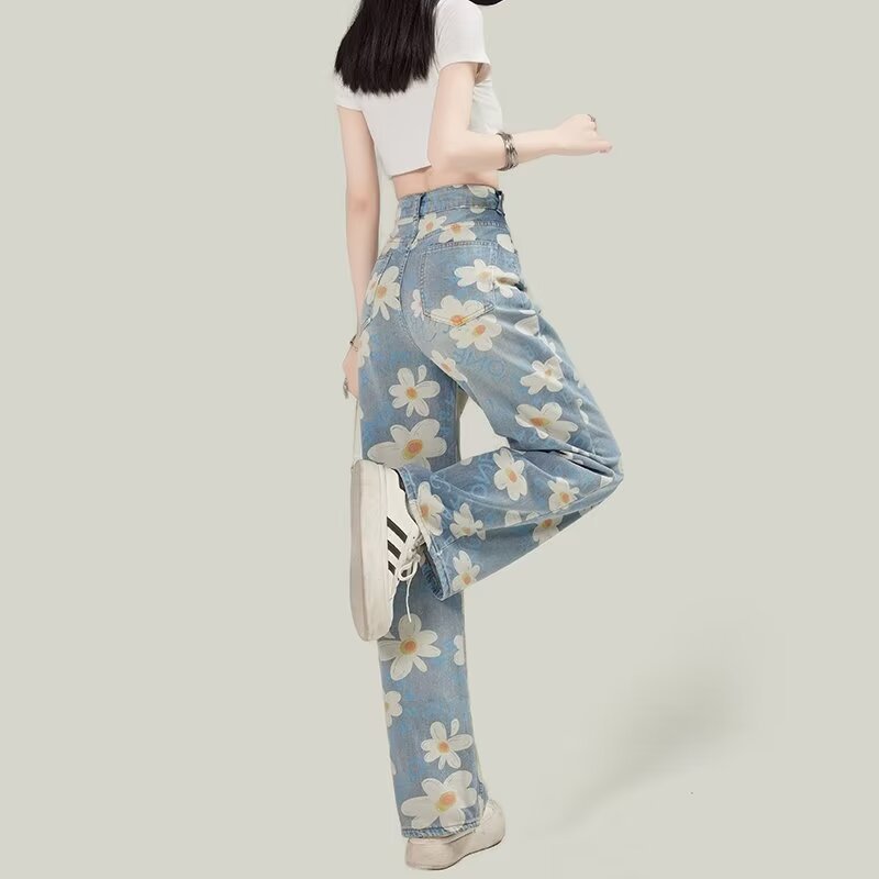 National Fashion Vintage Daisy Letter Printed Design Sense Niche Wide Leg Jeans Women's Summer Loose Straight Long Pants