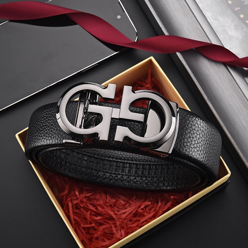 High-End Leather Belt for Men, Business Casual, Young People's Belt, Fashionable and Simple Letter Automatic Buckle Trouser Belt, Youth Trend