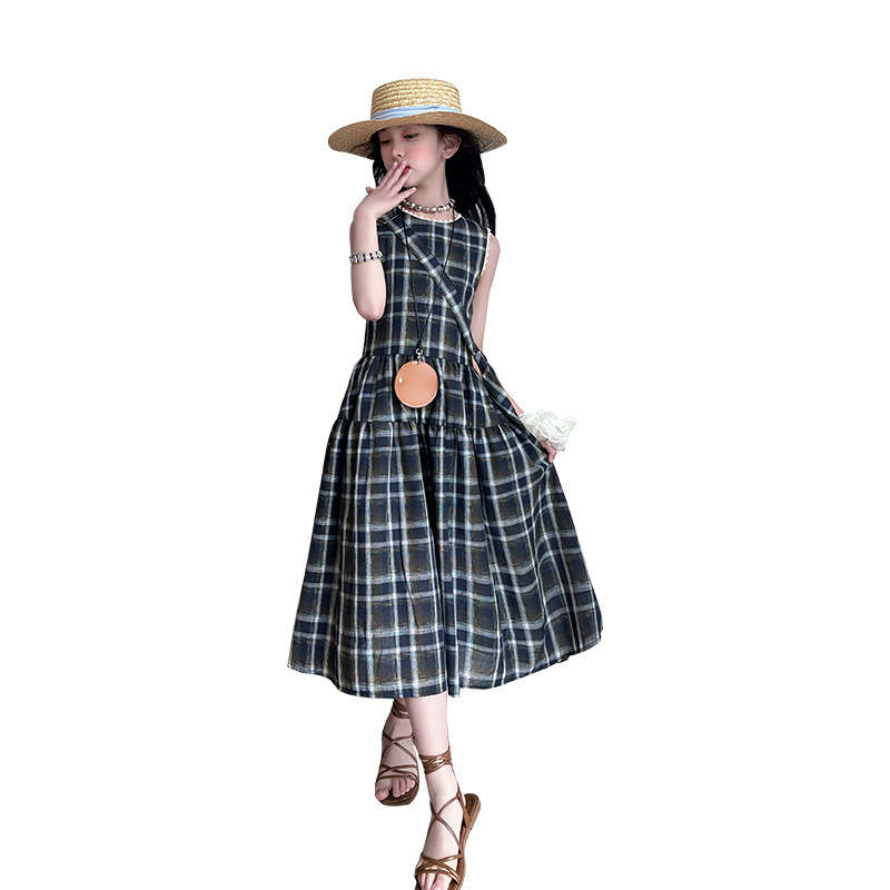 Picture of Girl's Big Boy Plaid dress 2025 Summer New Children's Summer Casual Skirt Primary School Student Sleeveless Princess Skirt