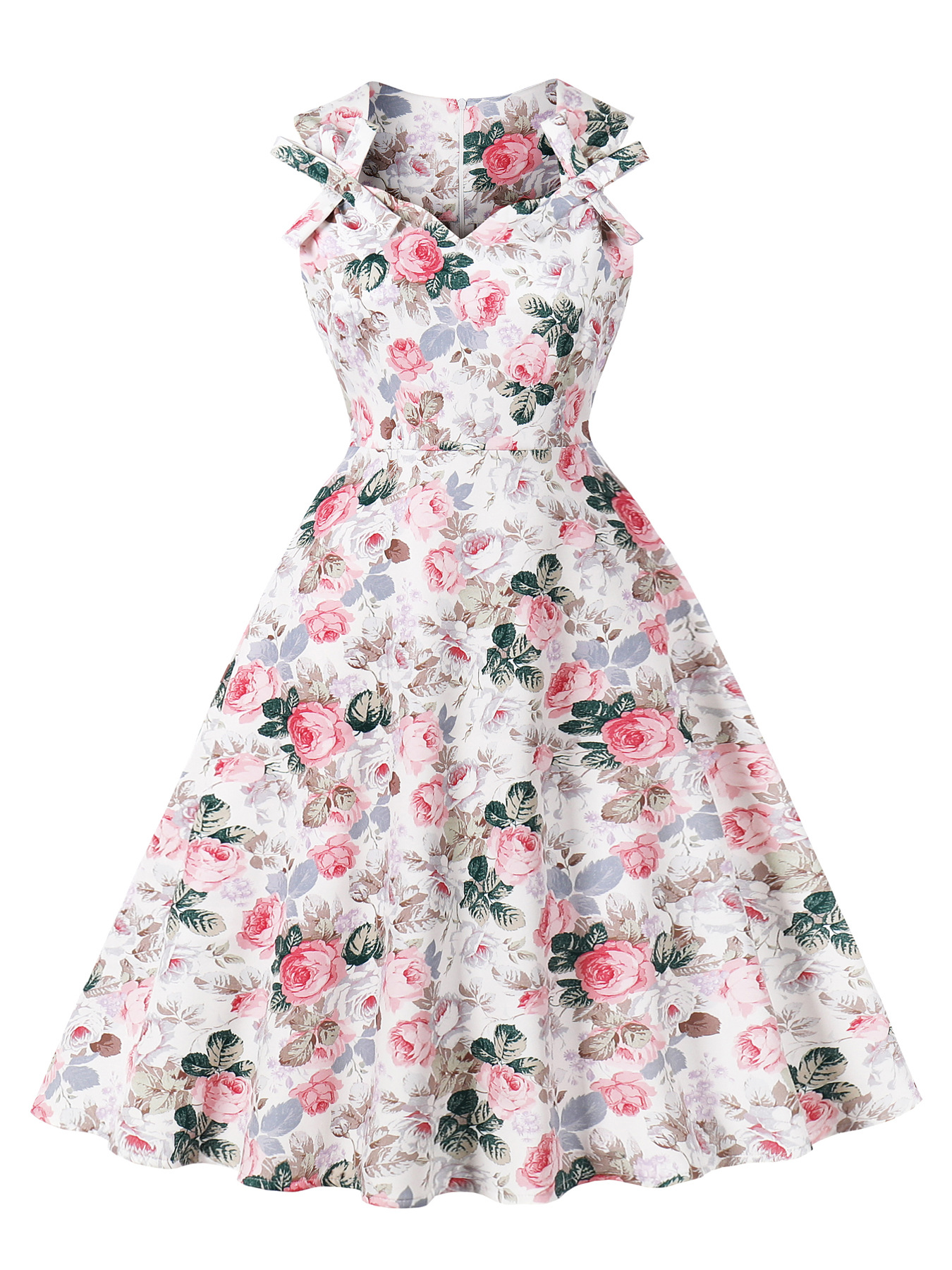 Cross-Border Floral Print Slimming Mid-Length Skirt Summer 2025 New Bow French Retro Dress for Women