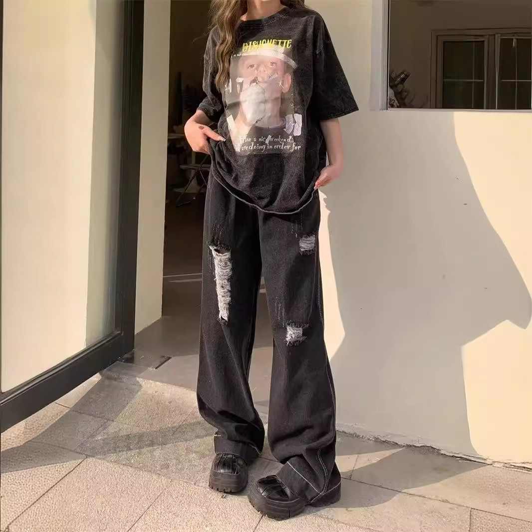 High Waist Wide Leg Jeans Women's 2024 New Summer American Style Ripped Design Sense Loose Straight Leg Wide Leg Trendy Pants