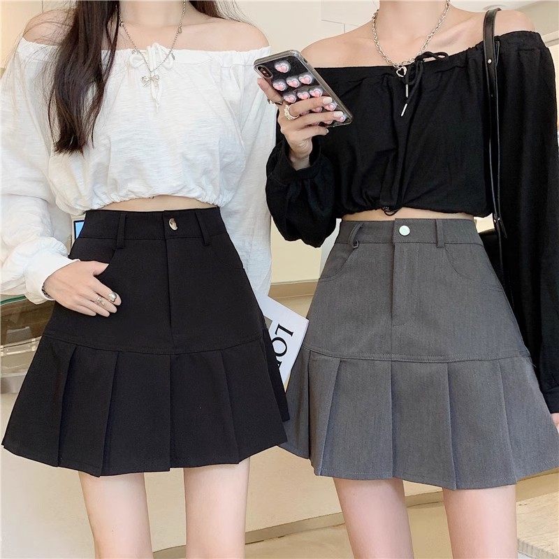 plus size chubby girl Pleated Skirt Women's Spring and Summer All-match High Waist A- line Skirt Slimming College Style Black Short Skirt