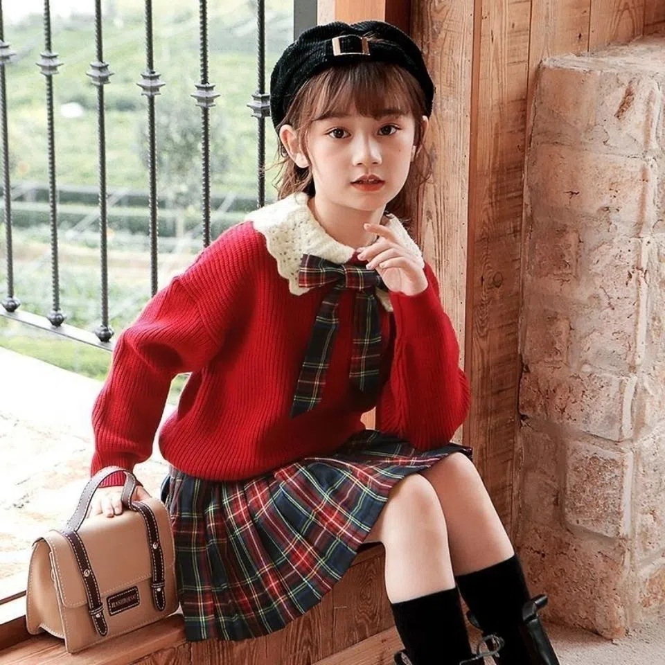 Girl's Autumn and Winter Dress Spring New Arrival Western Style Children's College Style Knitted Pullover Sweater Fashionable Pleated Skirt