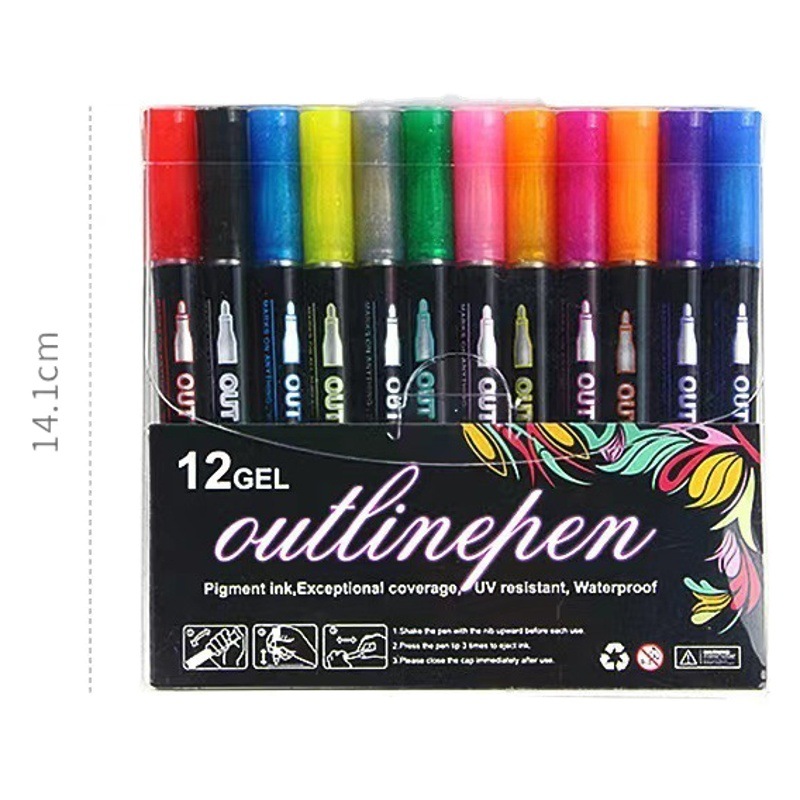 Double-Line Outline Pen 24-Color Metal Glitter Pen Handwritten Newspaper Handbook Fluorescent Brush Marker Pen Student Cross-Border Wholesale