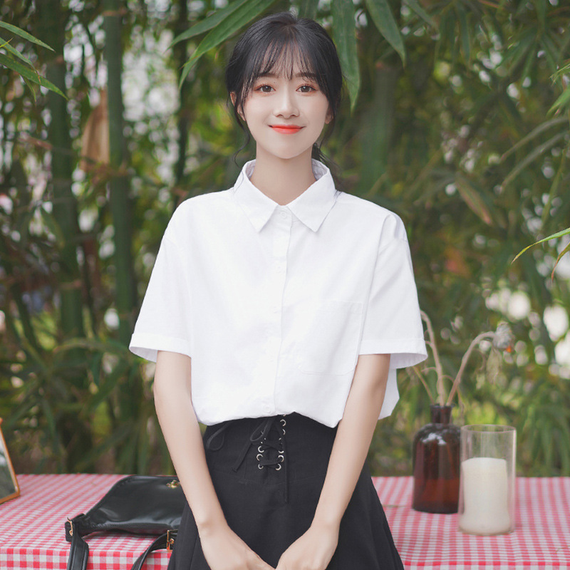 Spot JK shirt uniform Obi collar short sleeve shirt women's college style class uniform women's shirt white overalls