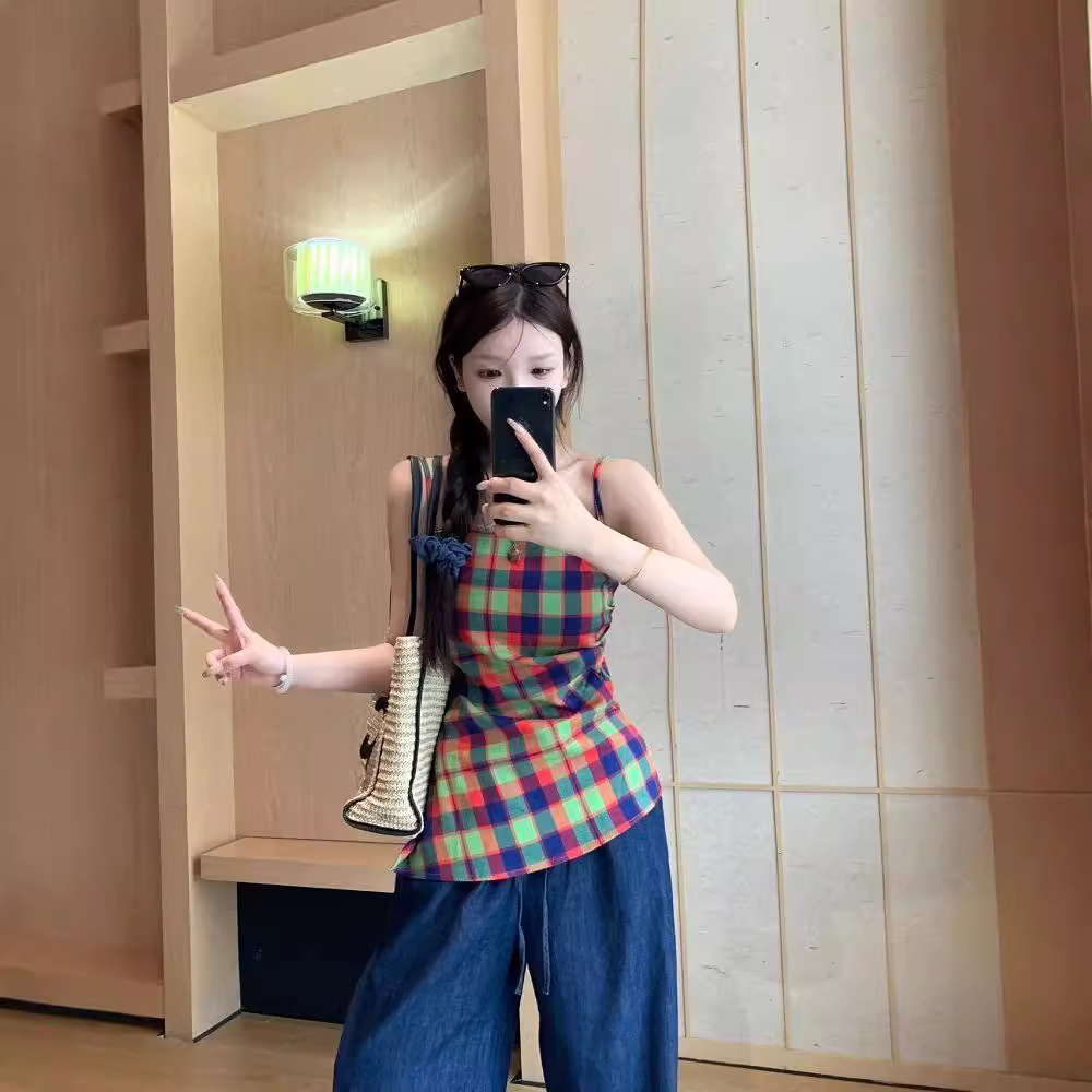 American Style Vintage Yellow Plaid Sling Outer Wear Vest Women's Summer Spice Girl Irregular Chic Pleated Sleeveless Top