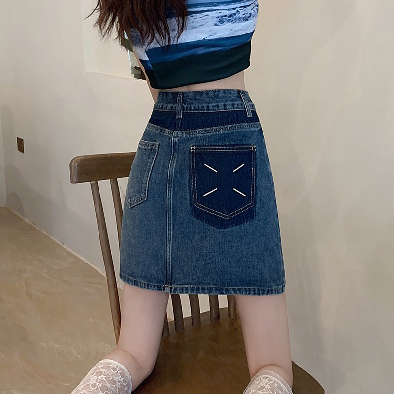 Korean Style Contrast Color Denim Skirt Women's Summer New High Waist Slimming Niche Design Sense A- line Hip Half Skirt