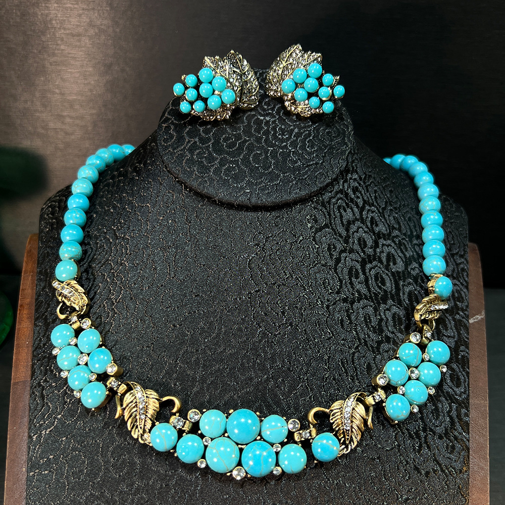Antique Turquoise Grape Jewelry Set Vintage Retro High-End Palace Style Necklace Old Earrings