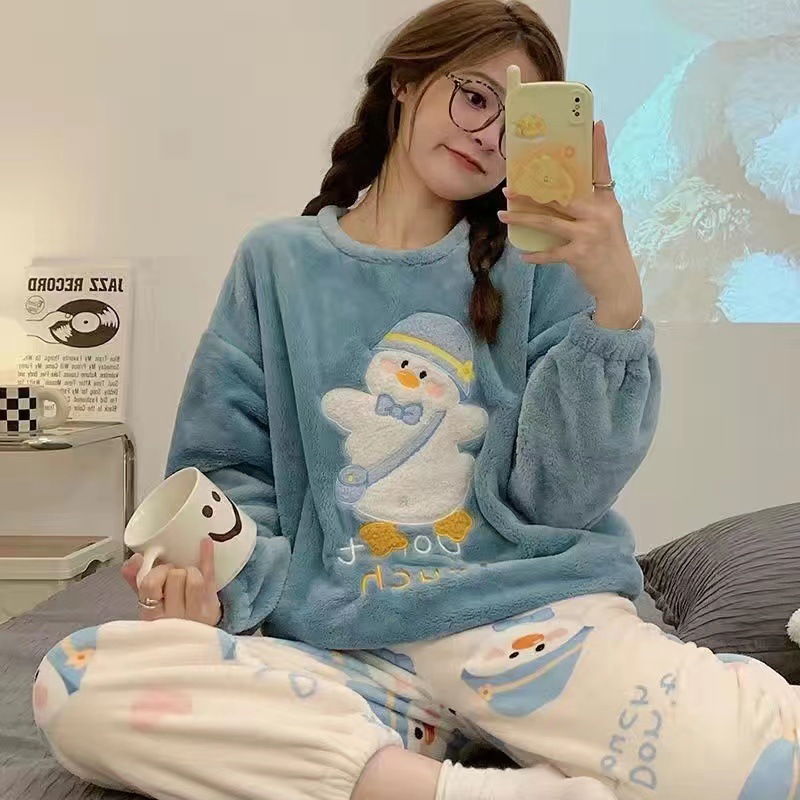 Pajamas Winter Thickened Flannel Suit Korean Style Cartoon Autumn and Winter Warm Coral Fleece Home Clothes for Women