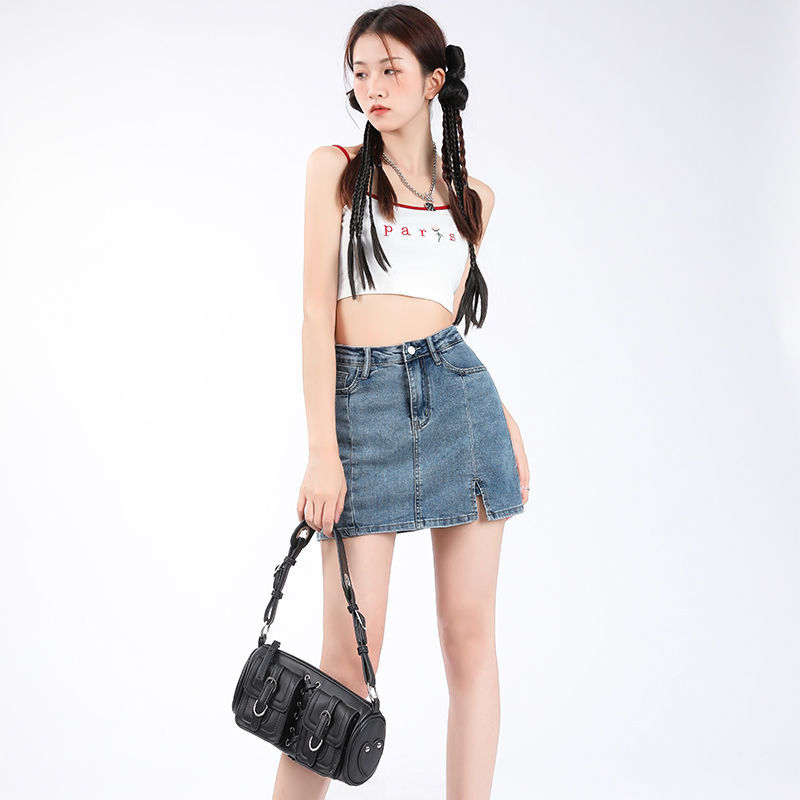 Vintage Split Denim Skirt Women's Skirt 2024 New Spring Small High Waist A- Line Hip Skirt