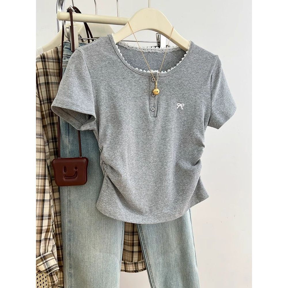 Gray Lace Right Shoulder Short-Sleeved T-Shirt for Women Summer Bow Embroidered Pleated Unique Short Top