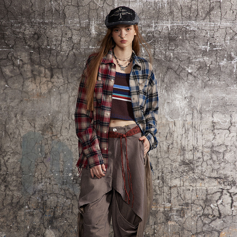 Picture of Cross-Border American Style Contrasting Plaid Splicing Tassel Long-Sleeved Shirt Loose Trendy Brand Design Top Casual and Versatile