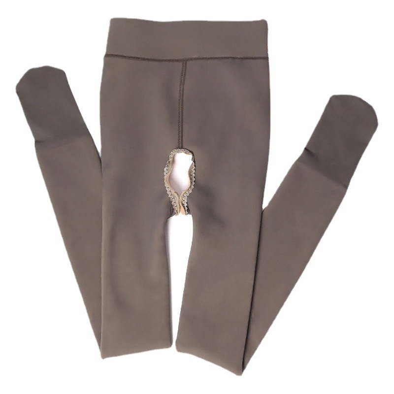 Picture of Stewardess Gray Sheer Open-Crotch Sexy Leggings for Women, Autumn and Winter Fleece-Lined Thick Faux-Sheer Pantyhose, Hip-Lifting and Shaping