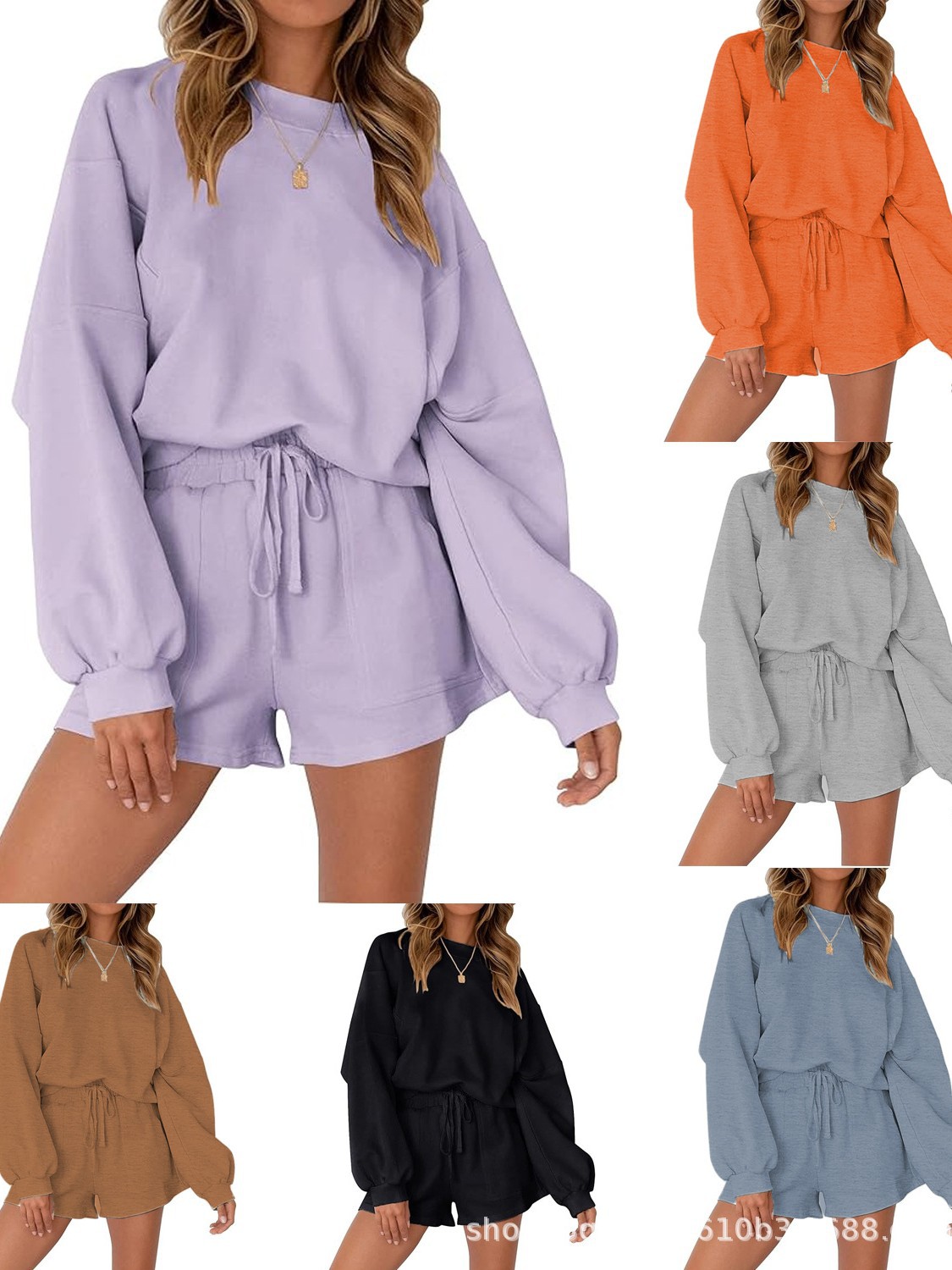 Cross-border Spring and Autumn Foreign Trade Solid Color European and American Loose All-match Casual Crewneck Sweatshirt Shorts Sports suit