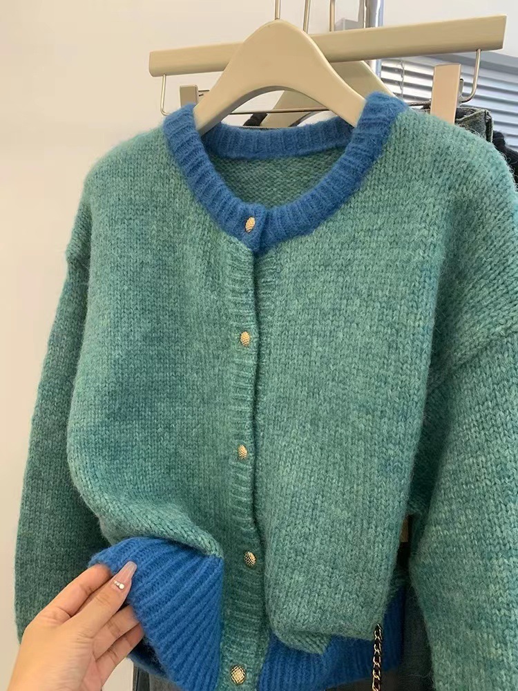 Picture of Blue Elegant Knitted Cardigan Sweater Jacket Women's Long-Sleeved Outer Top Design Niche Lazy High-End Sense