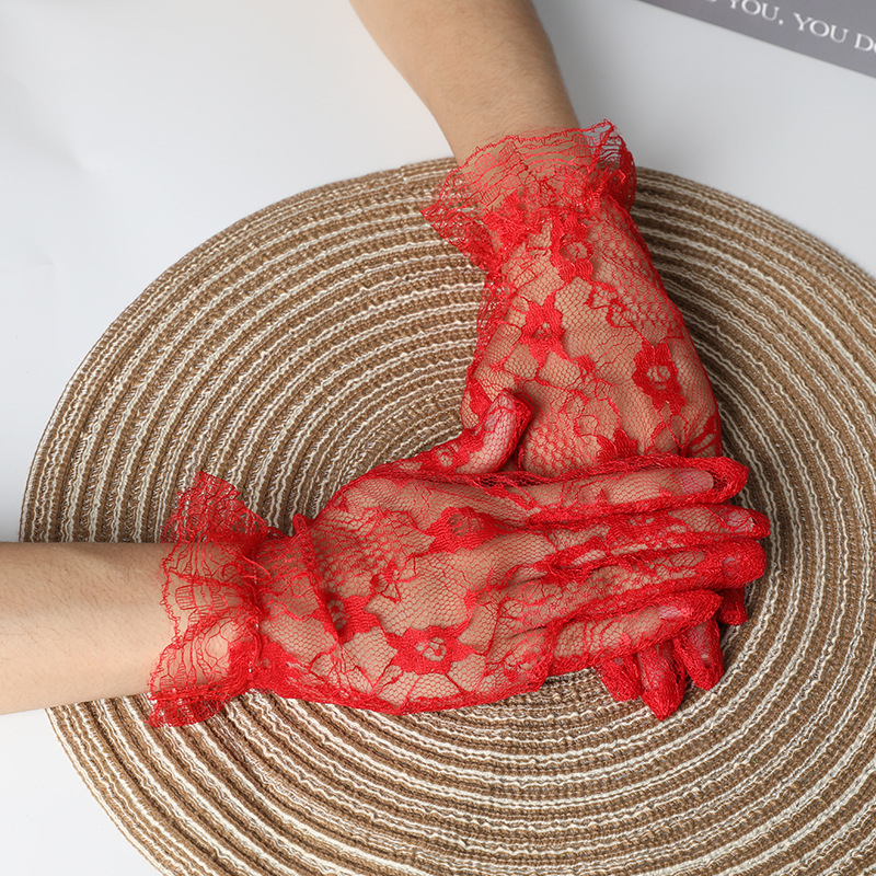 Picture of Bridal Gloves Red Wedding Dress Anime Lolita Accessories Pattern Sleeves Women's Short Lace with Fingers