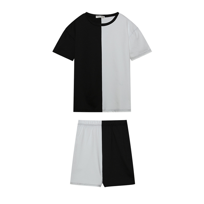 Picture of Cross-border European and American Amazon Spring and Summer Black and White Solid Color Contrast Color Loose T-shirt Shorts Sports Leisure suit