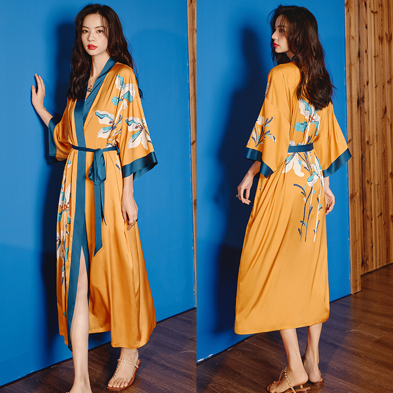 Picture of Yaoting Satin Printed Pajamas for Women Summer Large Size Accessible Luxury Three-Quarter Sleeves Cool Long Nightgown Home Wear Women Wp2669