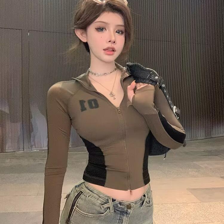 American Style Retro Hot Girl Style Contrast Color Zipper Long-sleeved T-shirt Women's Autumn New Design Sense Slim-fit Short Top Trendy