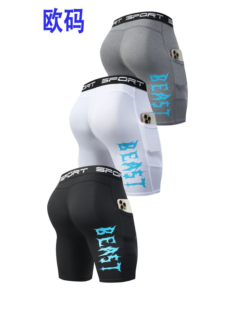 Fitness Compression Pants Men's Tight-Fitting Sports Flap Pocket Pants Five-Point Pants High-Elastic Running Training Quick-Drying Shorts Leggings Basketball