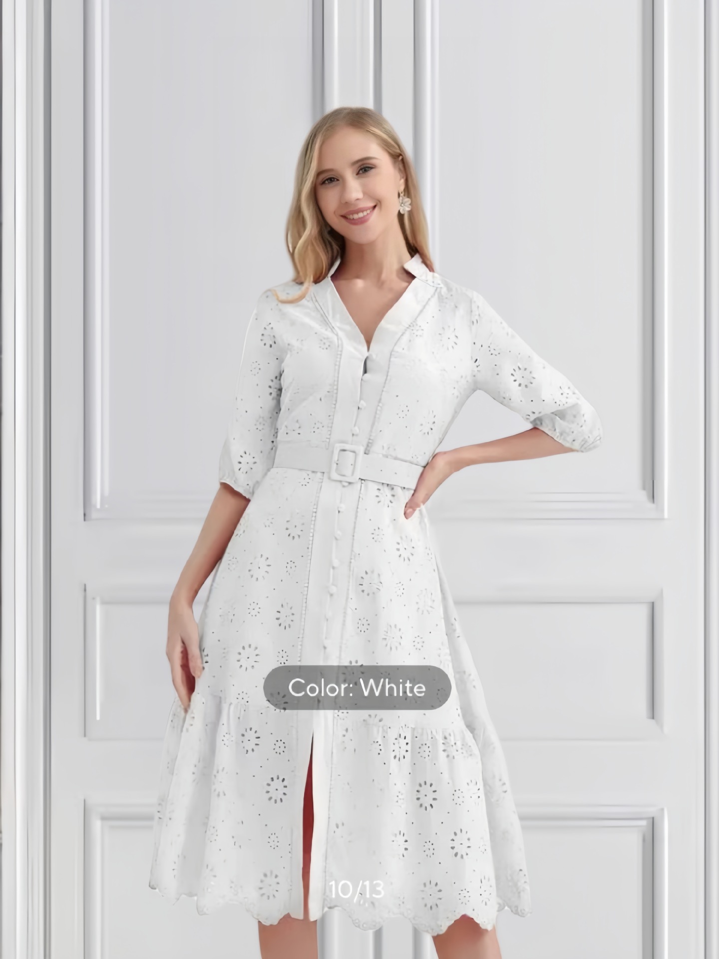 European and American fashion V-neck crochet hollow dress women's 2024 autumn new fresh solid color waist slimming skirt