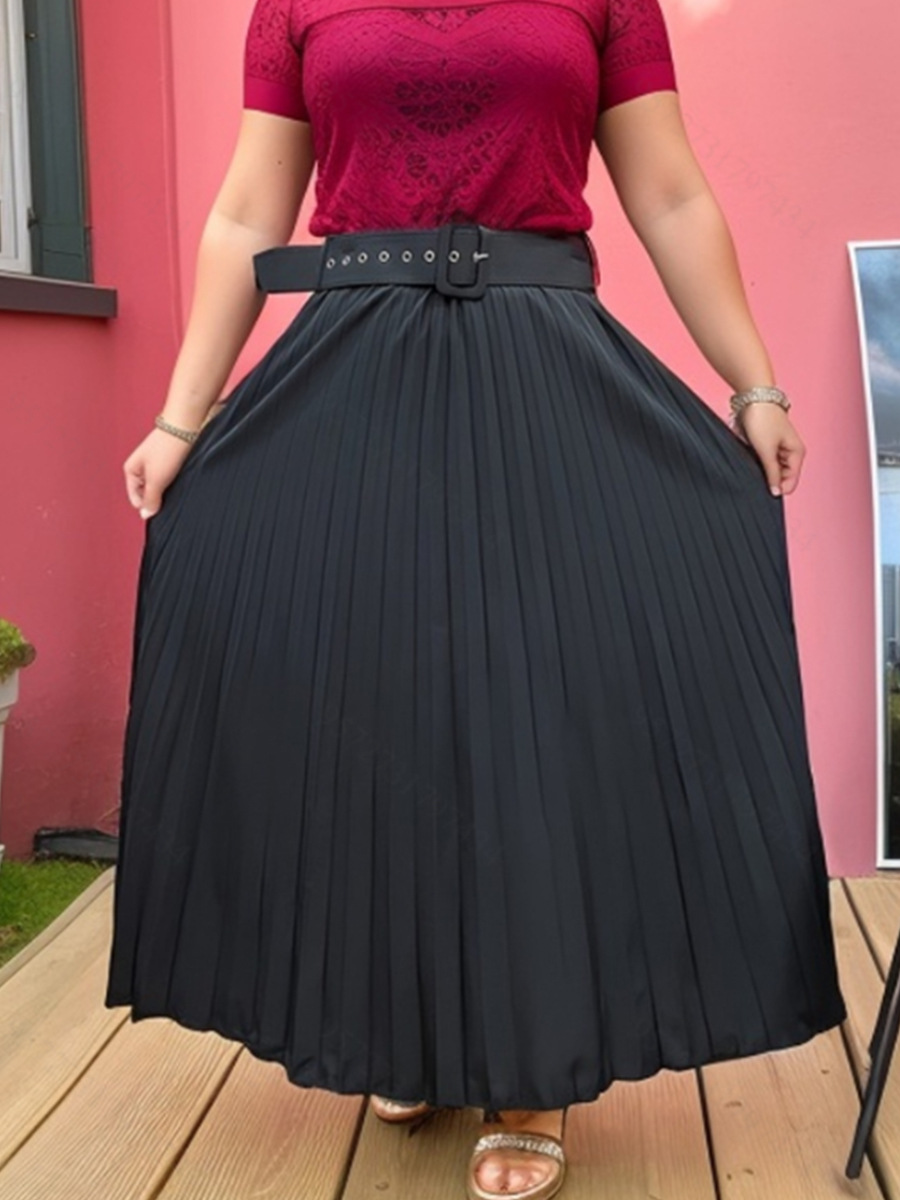 European and American Amazon Cross-border Foreign Trade New Elegant Solid Color Fashion Belt Design Long Skirt Pleated Skirt Women's Skirt
