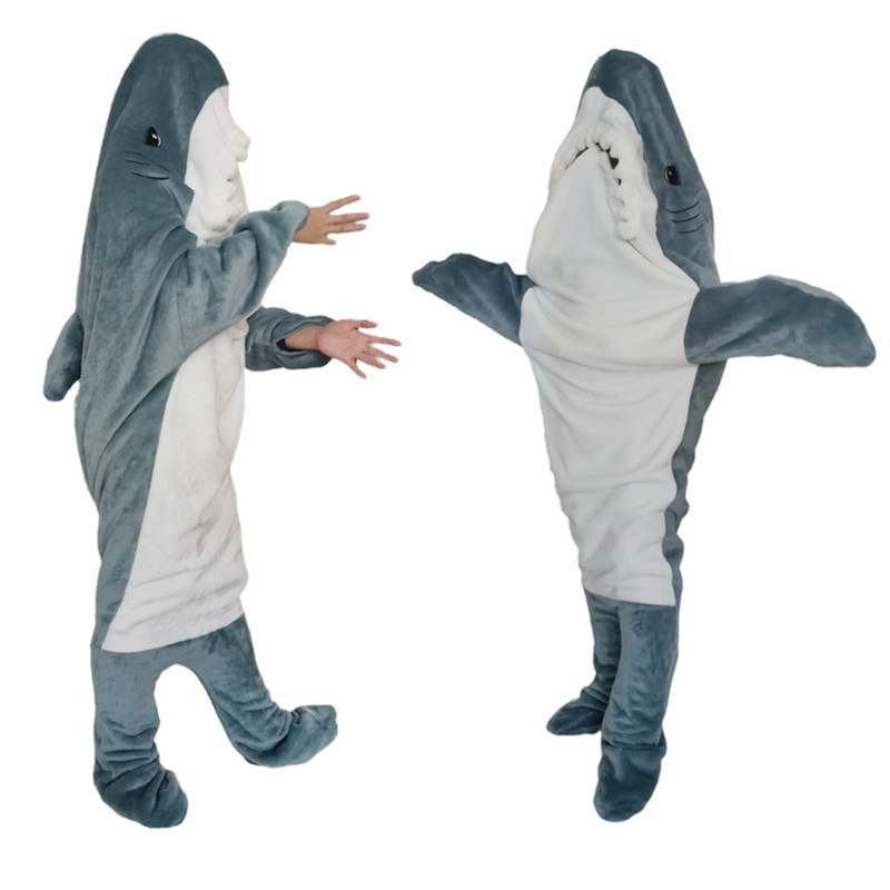 Picture of Flannel Shark Sleeping Bag Home Clothes One-Piece Anti-Kick Sleeping Bag Hoodie Giant Tooth Pajamas Flannel Sleeping Bag Blanket