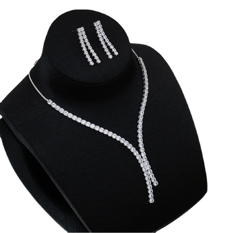 New Brilliant Full Diamond Zircon Necklace Earrings suit Bride Wedding Jewelry Temperament Simple All-match suit Wholesale