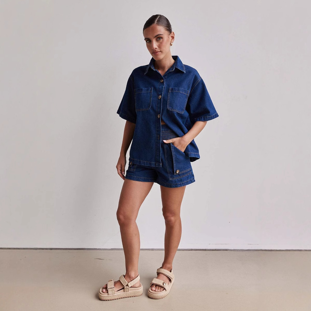 Picture of Amazon Foreign Trade Cross-border 2025 Summer European and American Women's Casual Retro Loose Shirt Denim Shorts suit